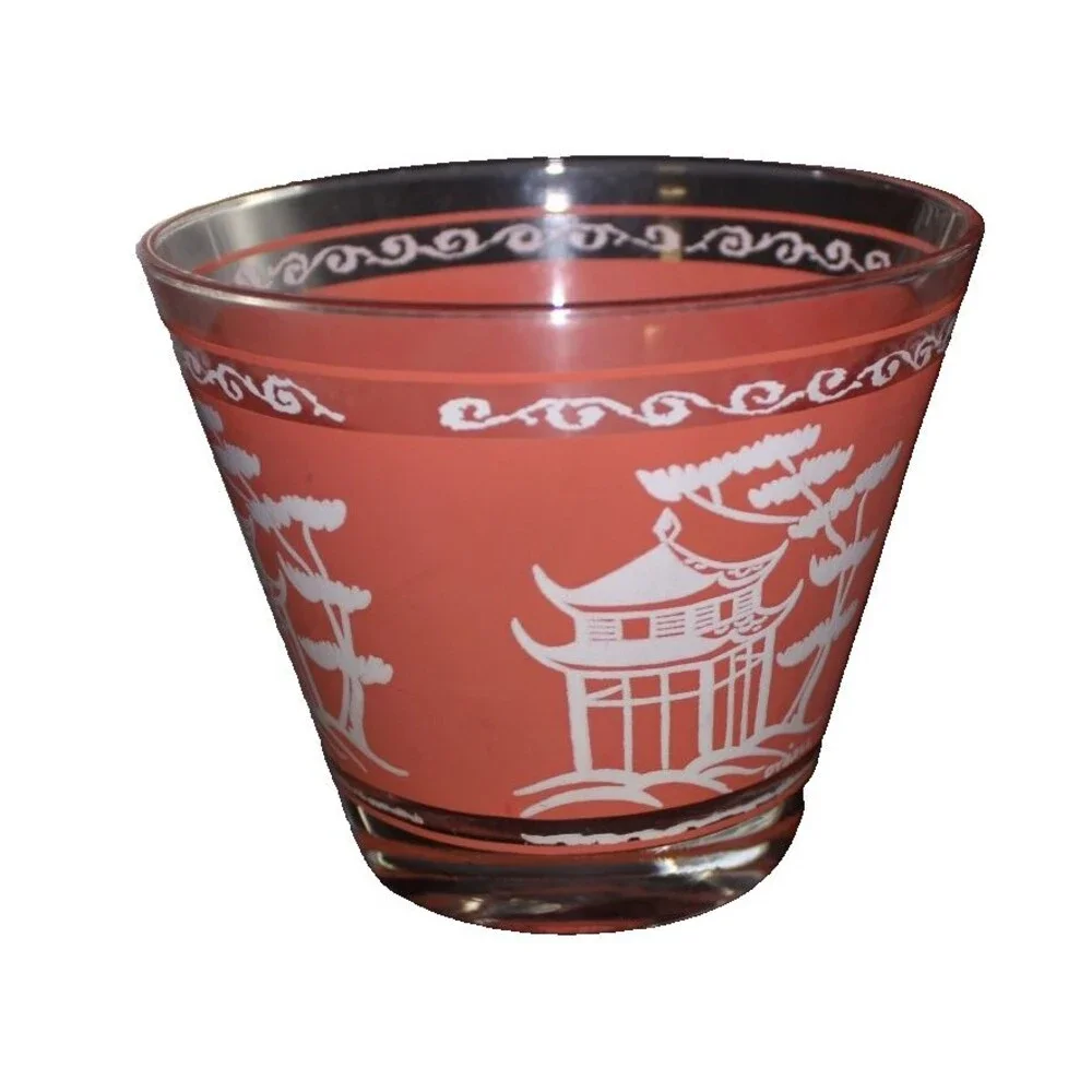 Vintage Hazel Atlas Coral Pink Pagoda Glass Ice Bucket Bowl 5